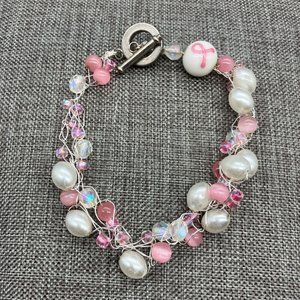 BCA Awareness Ribbon Bracelet Pink White Pearl Silver Toggle Wire Glass Iridesce